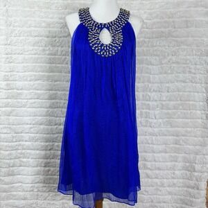 ECI New York Royal Blue Halter Dress Gold Beaded Neckline 100% Silk Overlay Sz 2